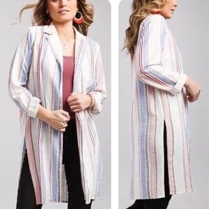 NWT Daytrip Striped Woven Long Linen Shacket Open Front Flyaway Duster Kimono XL